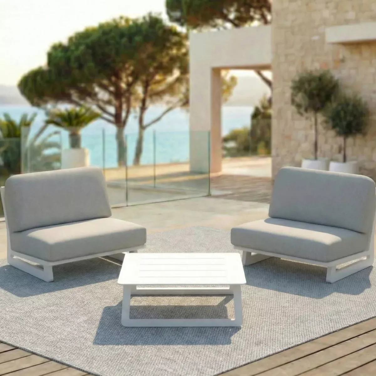 Discount Set da giardino in alluminio 2 posti 3 pezzi Long Beach Bianco cenere e grigio chiaro Salotto Da Balcone|Salotto Da Giardino