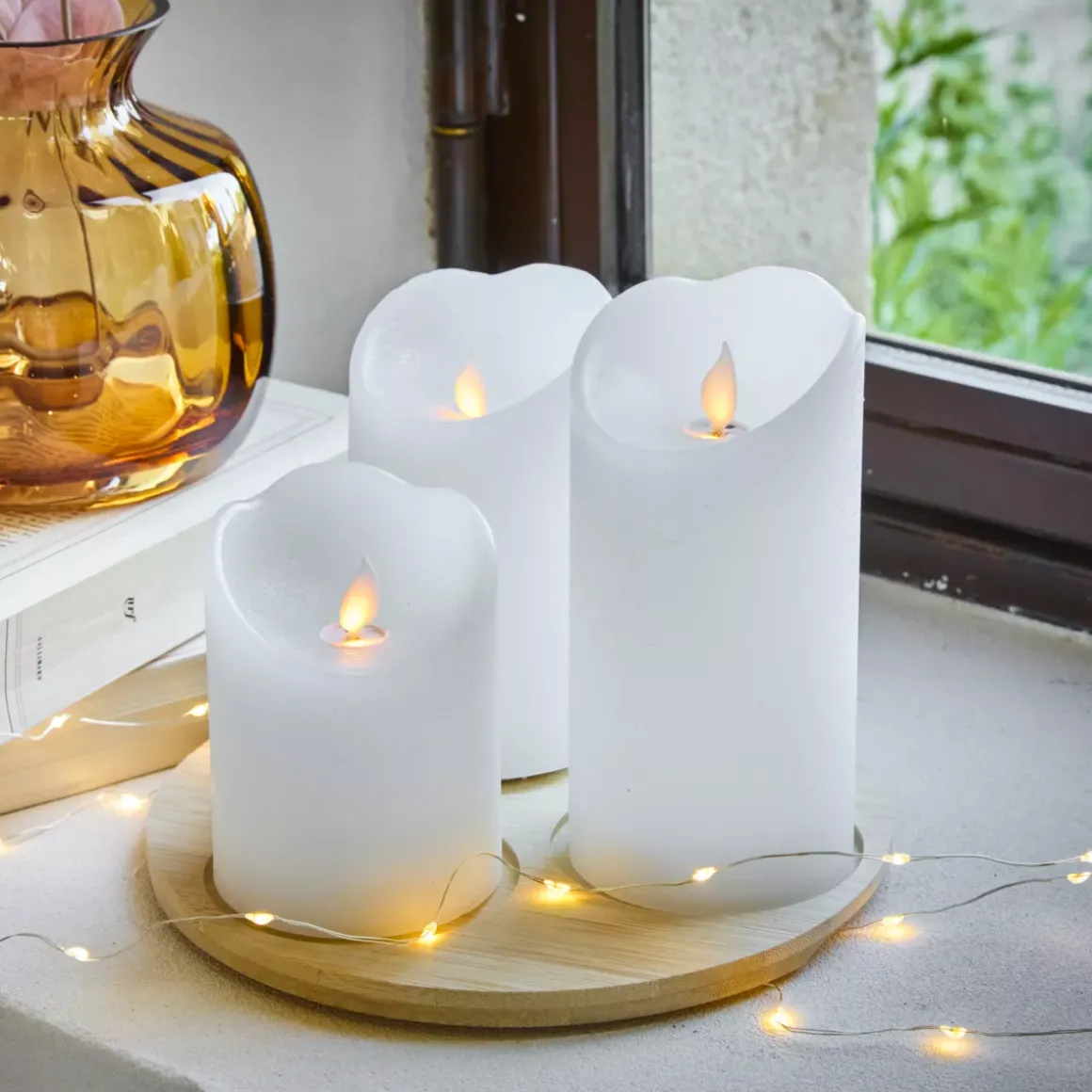 Set di 3 candele LED tremolanti (D7,5 cm) Cera naturale Bianco
