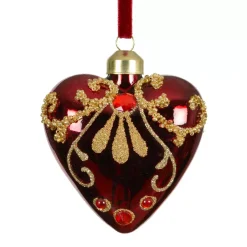 Set di 2 decorazioni natalizie in vetro (H8 cm) Cuori preziosi Bordeaux con glitter oro