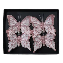 Set di 4 farfalle su pinza (H8 cm) in mini perline e rosso cipria