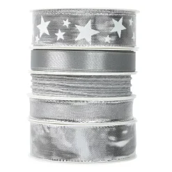 Set di 5 nastri di Natale 3 m - Raso e stelle Argento metallizzato