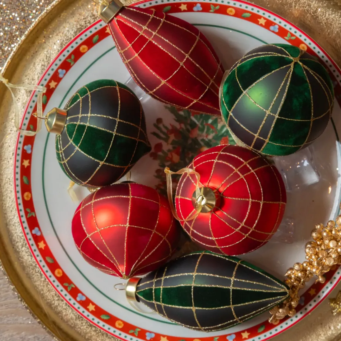 Set di 12 ornamenti di Natale in vetro (D80 mm) Velluto Rosso e verde