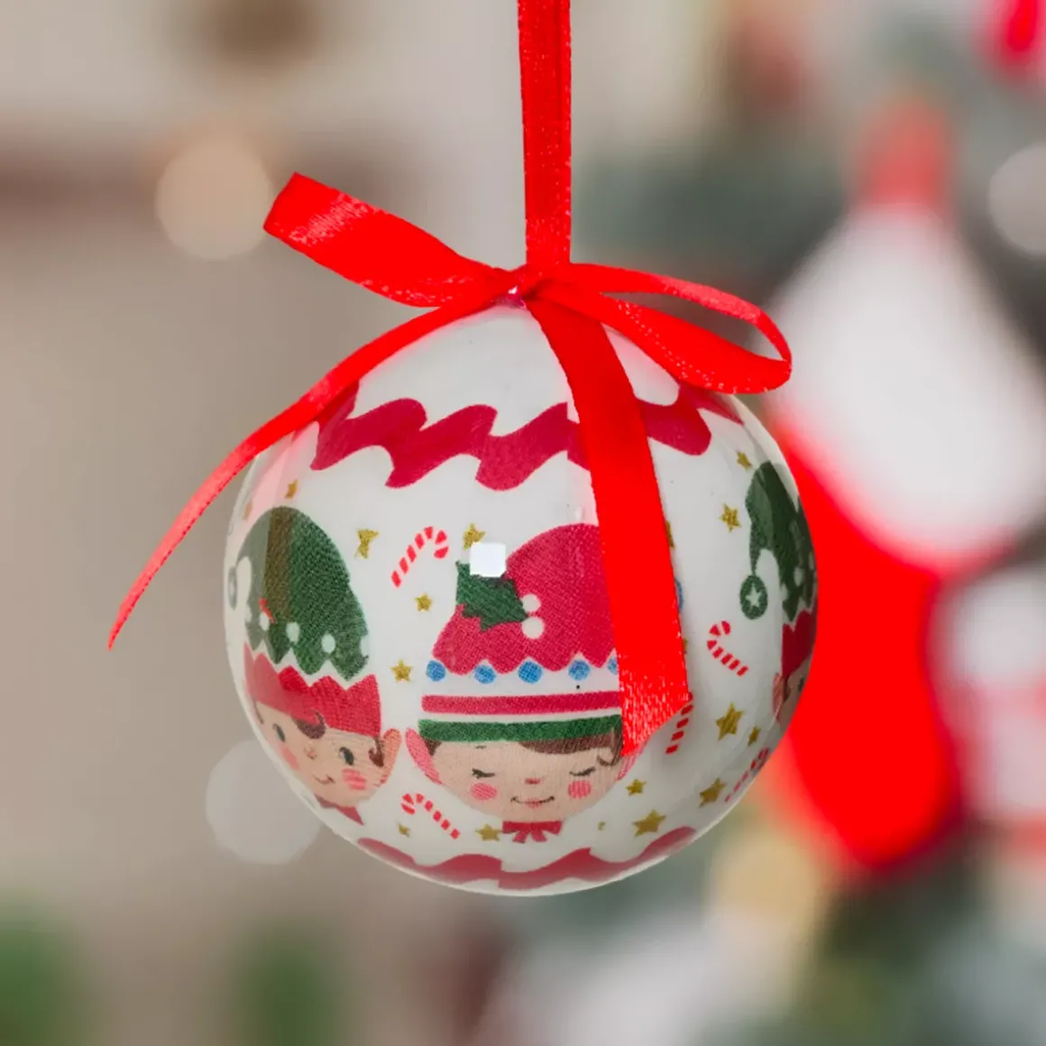 Set di 7 palline di Natale (D60 mm) Piccoli Elfi di Natale Bianco e rosso