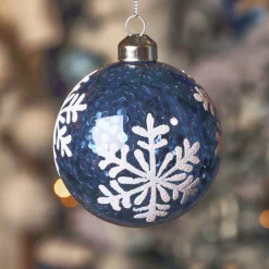 Set di 3 palline di Natale in vetro (D80 mm) Fiocchi di neve e glitter Blu notte