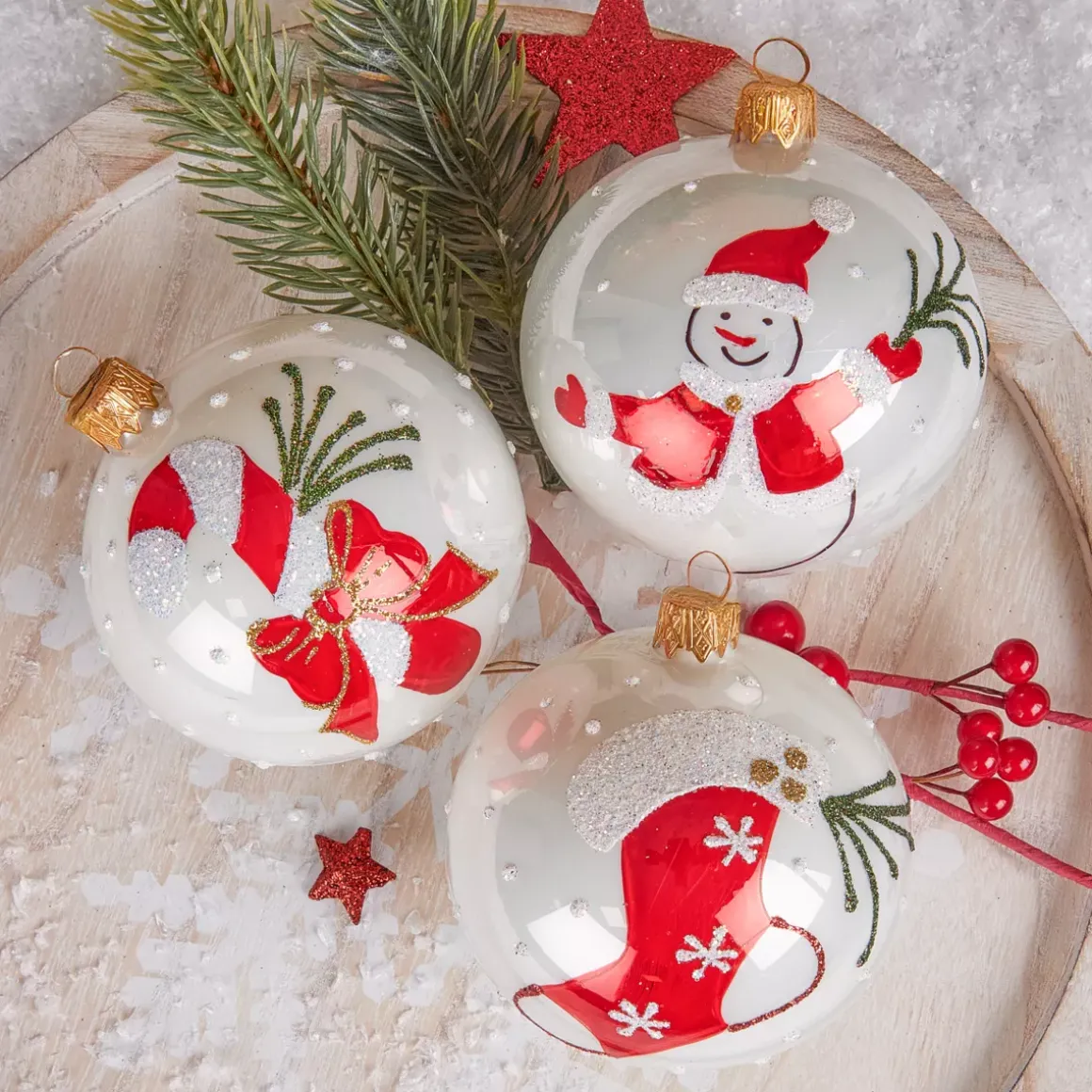 Set di 12 palline di Natale in vetro (D80 mm) Natale Tradizionale Bianco perlato