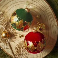 Set di 6 palline di Natale in vetro (D80 mm) Quadretti di velluto Bordeaux e verde abete