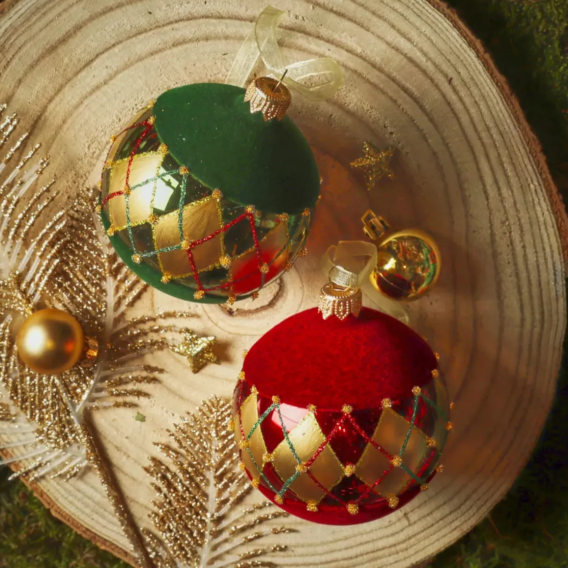 Set di 6 palline di Natale in vetro (D80 mm) Quadretti di velluto Bordeaux e verde abete