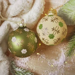 Set di 12 palline di Natale in vetro (D80 mm) Fiori Natura Verde matcha e bianco