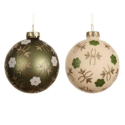 Set di 12 palline di Natale in vetro (D80 mm) Fiori Natura Verde matcha e bianco