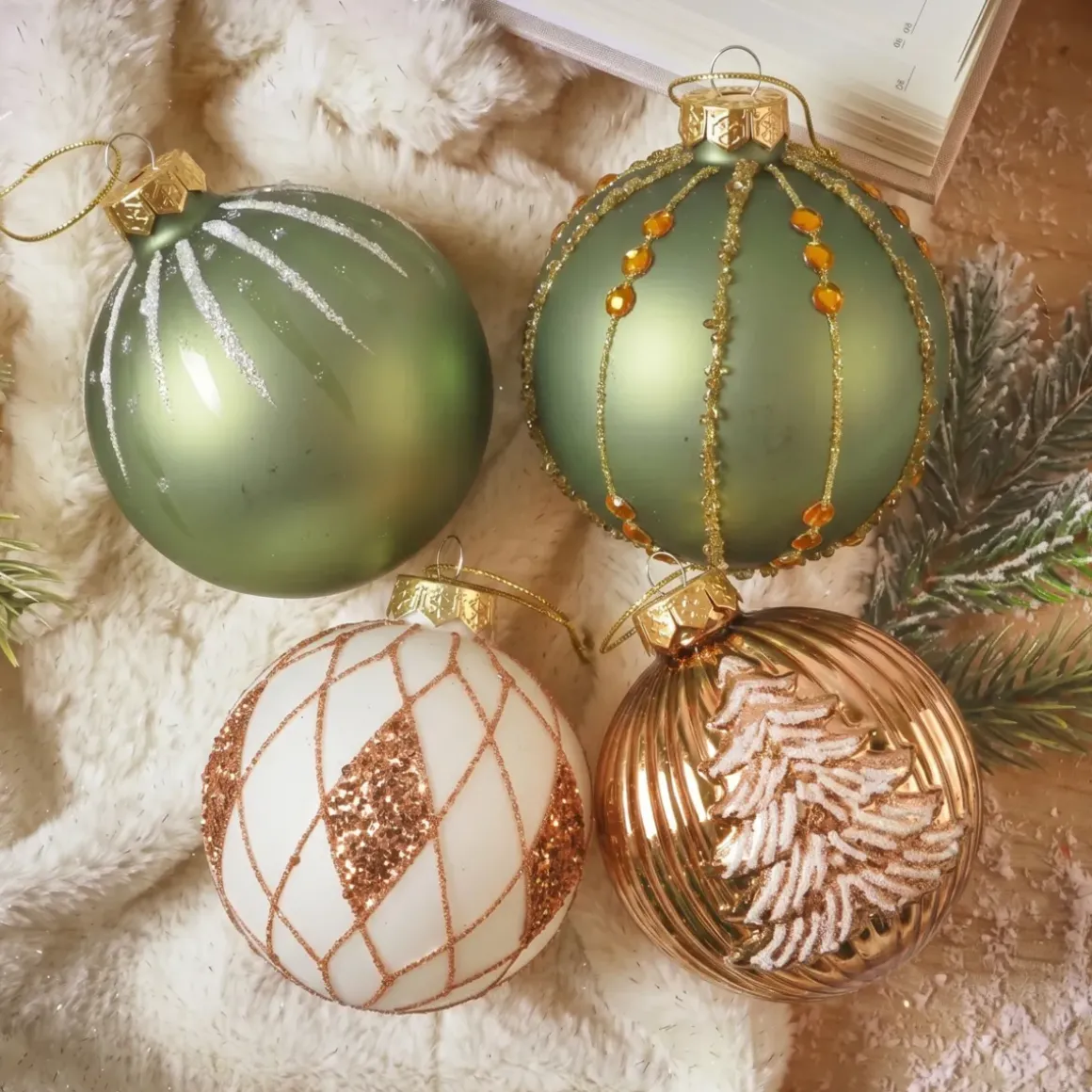 Set di 12 palline di Natale in vetro (D80 mm) Shine Glam Cognac e Verde