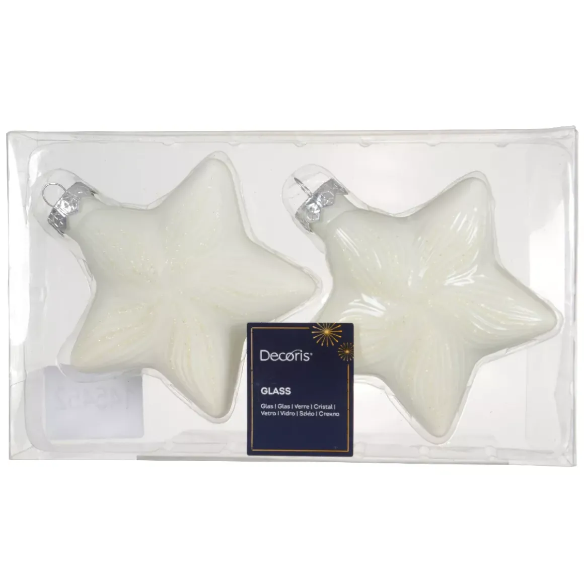 Set di 2 pendenti di Natale in vetro (H10 cm) Stelle Celesti Bianco lana