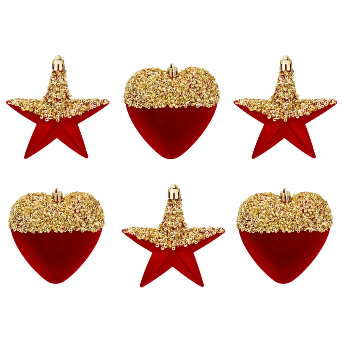 Set di 6 pendenti (H15 cm) Cuori e stelle con paillettes Rosso e Oro