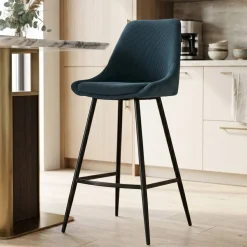 Set di 2 sgabelli per isola centrale con schienale in velluto a coste (Altezza seduta 67cm) Juno Blu