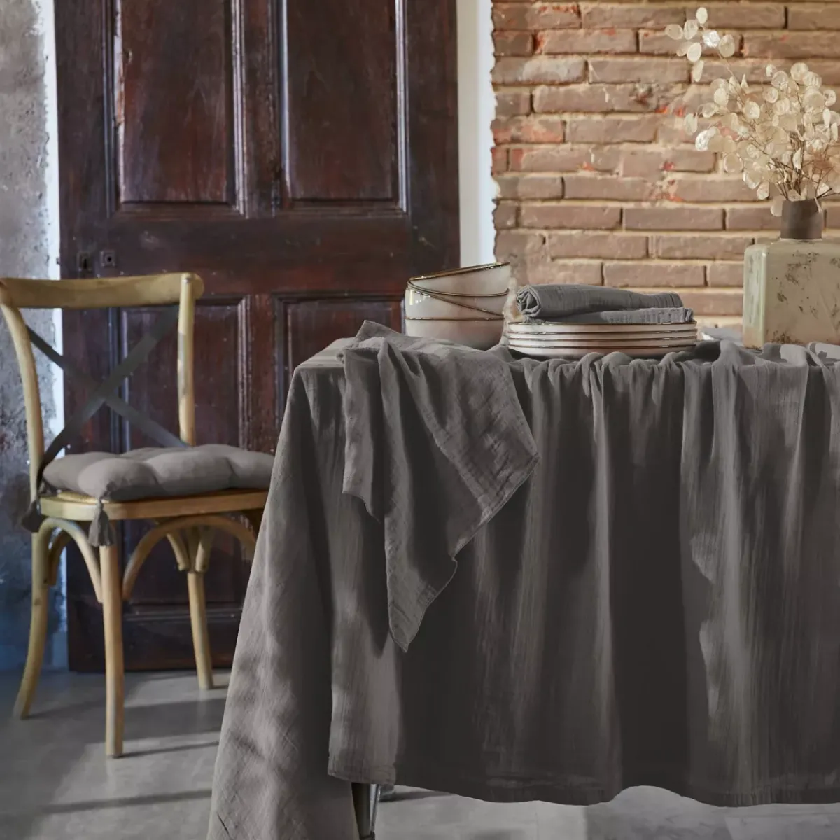 Clearance Set di 3 tovaglioli garza di cotone Gaïa Grigio granito Tovaglioli