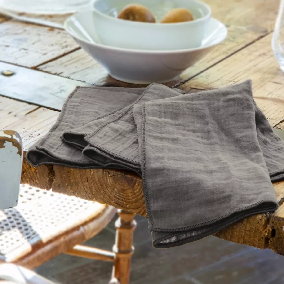 Clearance Set di 3 tovaglioli garza di cotone Gaïa Grigio granito Tovaglioli