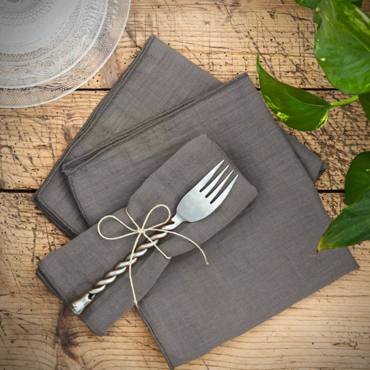 Clearance Set di 3 tovaglioli garza di cotone Gaïa Grigio granito Tovaglioli