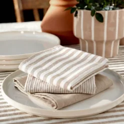 New Set di 3 tovaglioli in garza di cotone (40 x 40 cm) Gaïa a righe Corda Tovaglioli