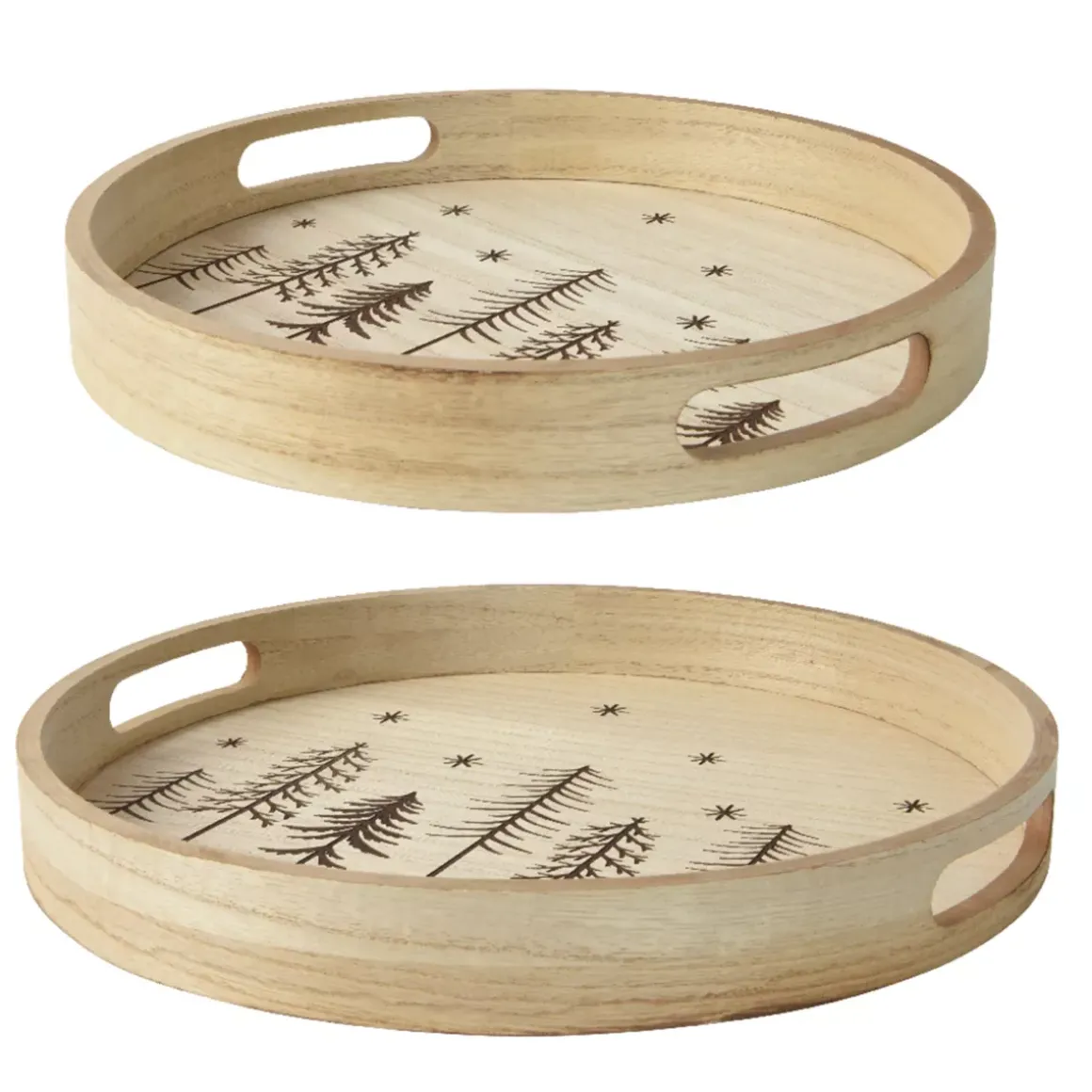 Set di 2 vassoi rotondi in legno (D34-D29 cm) Alberi di Natale