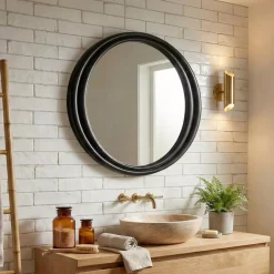 Specchio da parete rotondo con cornice in legno (91.4 cm) Taos Nero