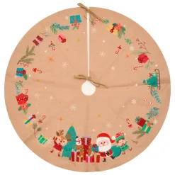 Tappeto per albero di Natale in juta (D90 cm) Elfo e Babbo Natale Multicolore