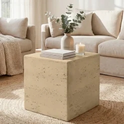 Tavolino d'appoggio quadrato in magnesio ossidato (H40 cm) Romeau Effetto travertino