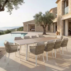 Outlet Tavolo da giardino estensibile automatico in alluminio 12 posti Amalfi Bianco e legno Salotto Da Giardino|Tavoli Da Giardino