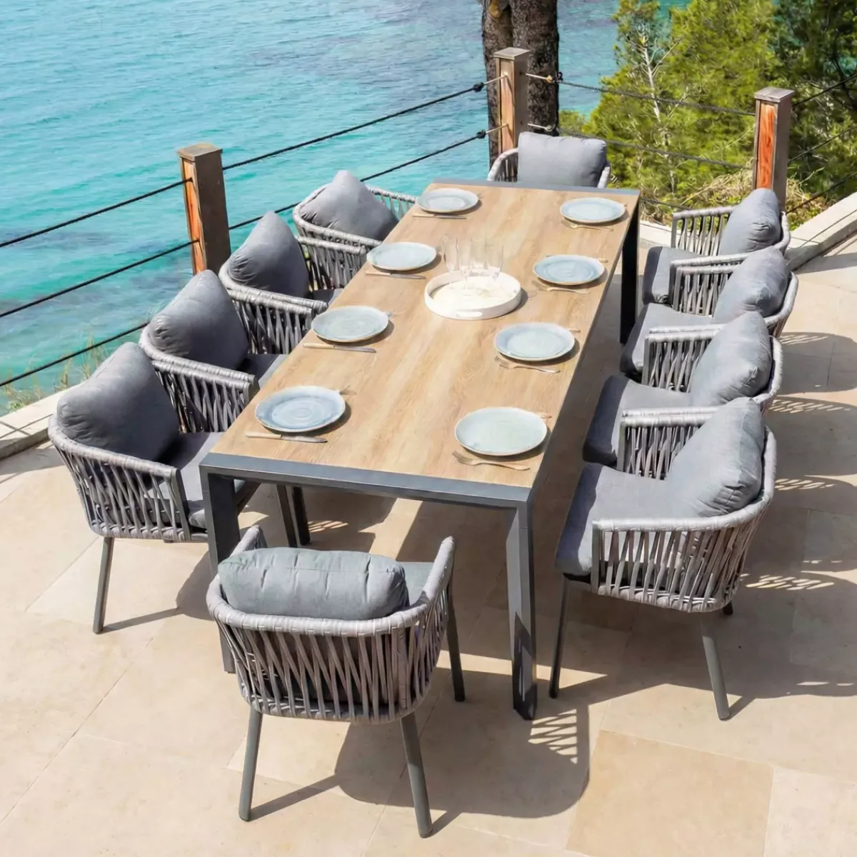 New Tavolo da giardino estensibile in alluminio 12 posti (195/247/300 x 96 cm) Amalfi Grigio antracite e legno Salotto Da Giardino|Tavoli Da Giardino