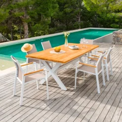 Clearance Tavolo da giardino in alluminio e legno 8 posti (200 x 100 cm) Bali Bianco Salotto Da Giardino|Tavoli Da Giardino