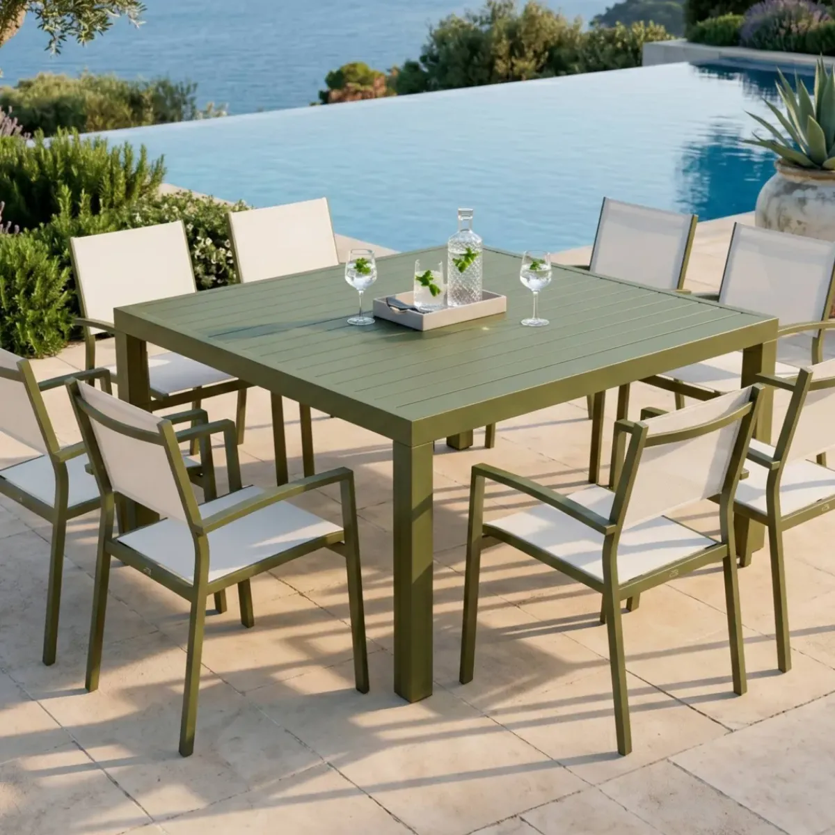 Tavolo da giardino quadrato in alluminio 8 posti Murano Verde oliva Salotto Da Balcone|Tavoli Da Giardino