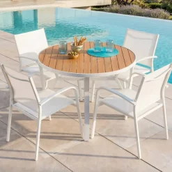 Tavolo da giardino rotondo in alluminio 5 posti (D105 cm) Murano Bianco e effetto legno Salotto Da Balcone|Salotto Da Giardino