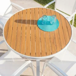 Tavolo da giardino rotondo in alluminio 5 posti (D105 cm) Murano Bianco e effetto legno Salotto Da Balcone|Salotto Da Giardino