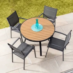 Outlet Tavolo da giardino rotondo in alluminio 5 posti (D105 cm) Murano Grigio antracite ed effetto legno Salotto Da Balcone|Salotto Da Giardino