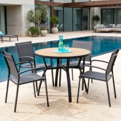 Outlet Tavolo da giardino rotondo in alluminio 5 posti (D105 cm) Murano Grigio antracite ed effetto legno Salotto Da Balcone|Salotto Da Giardino