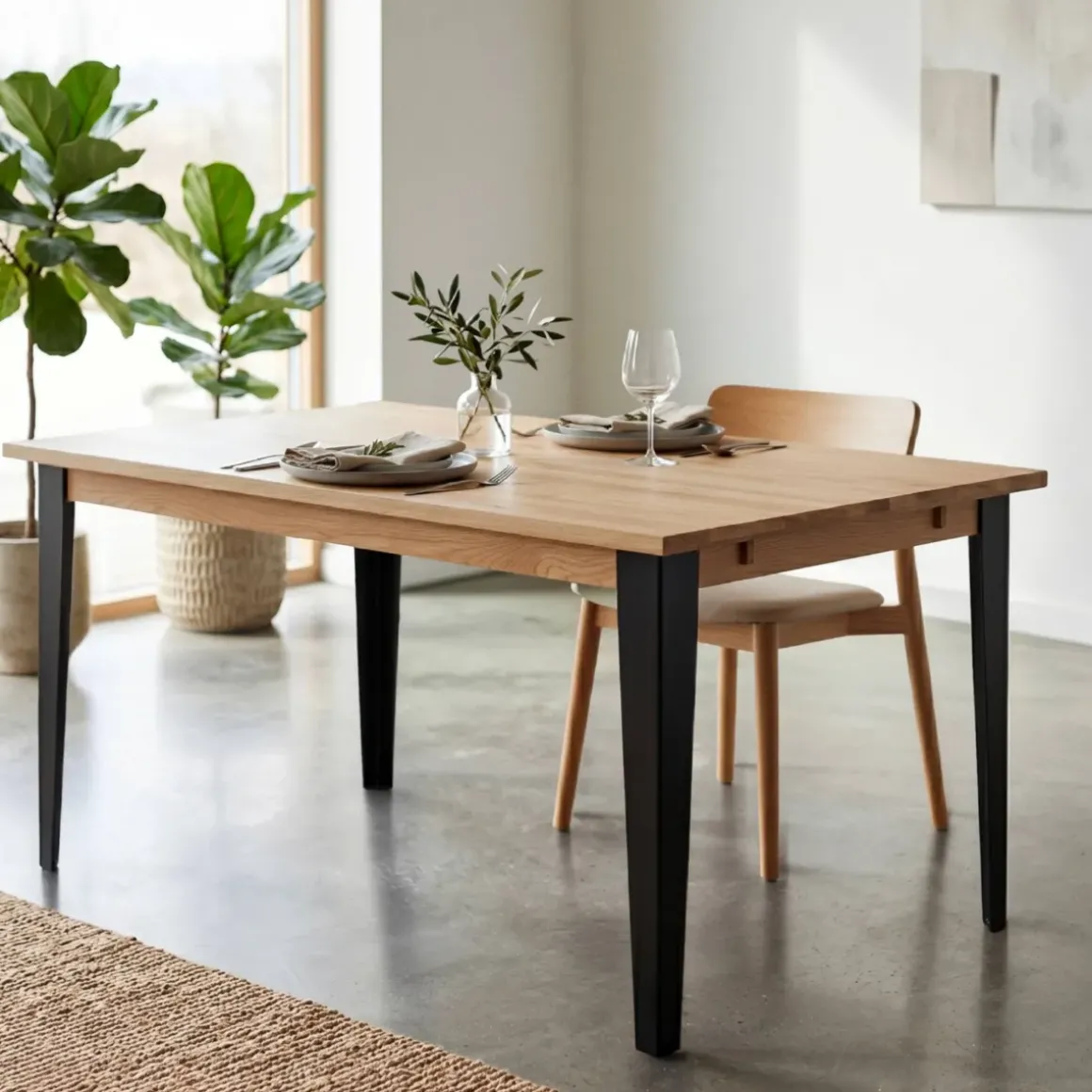 Tavolo rettangolare allungabile in rovere massiccio e metallo (160 cm) Bristol Naturale