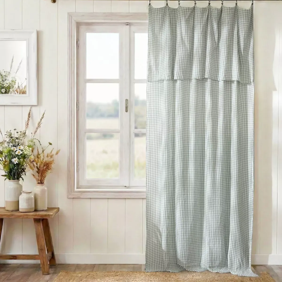 Online Tenda in doppio voile di cotone regolabile Gaïa vichy Verde eucalipto Tende