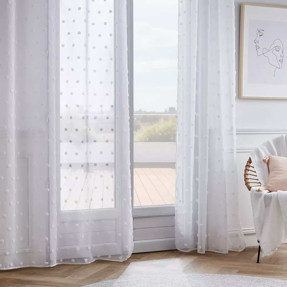New Tenda trasparente con nastri arricciati e pon pon (140 x 240 cm) Emie Tende Trasparenti