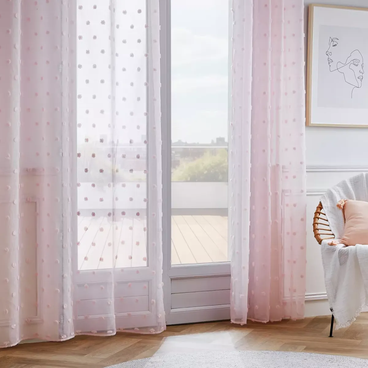 Online Tenda trasparente con occhielli pon pon (140 x 240 cm) Emie Rose Tende Trasparenti