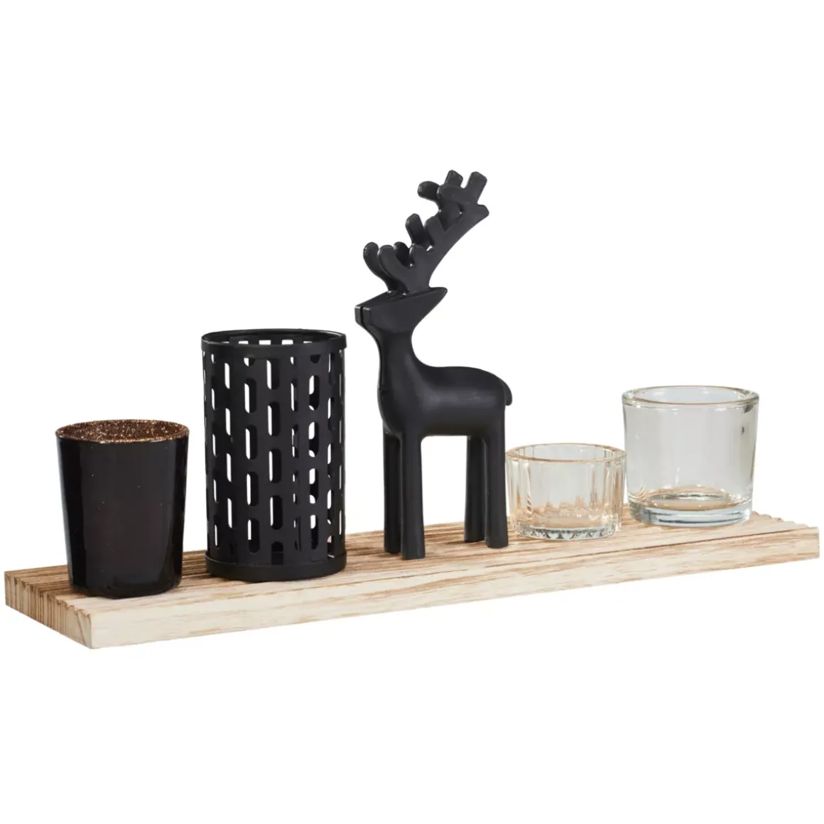 Vassoio decorativo con 4 portacandele Magia del Natale in legno e nero