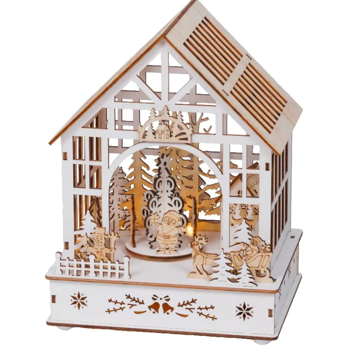 Villaggio di Natale in legno luminoso, musicale e animato a pile (18 x 24 cm) Giardino d'inverno