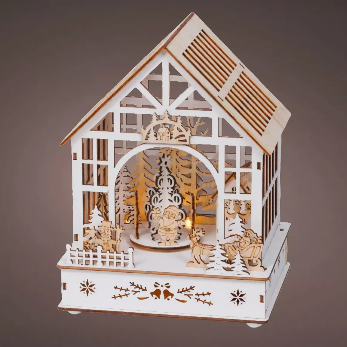 Villaggio di Natale in legno luminoso, musicale e animato a pile (18 x 24 cm) Giardino d'inverno