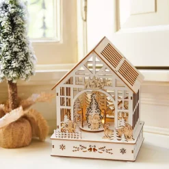 Villaggio di Natale in legno luminoso, musicale e animato a pile (18 x 24 cm) Giardino d'inverno
