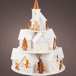 Villaggio di Natale in legno luminoso e musicale a pile (H28 cm) Case sulla collina
