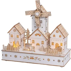 Villaggio di Natale in legno luminoso, musicale e animato a pile (H26 cm) Mulino e borgo