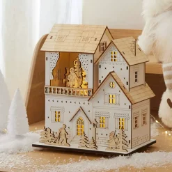 Villaggio di Natale in legno luminoso, animato e musicale a pile (H22 cm) Padiglione festivo