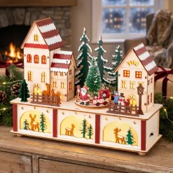 Villaggio di Natale in legno luminoso e musicale a pile (27 x H22 cm) Cuore del villaggio Colorato